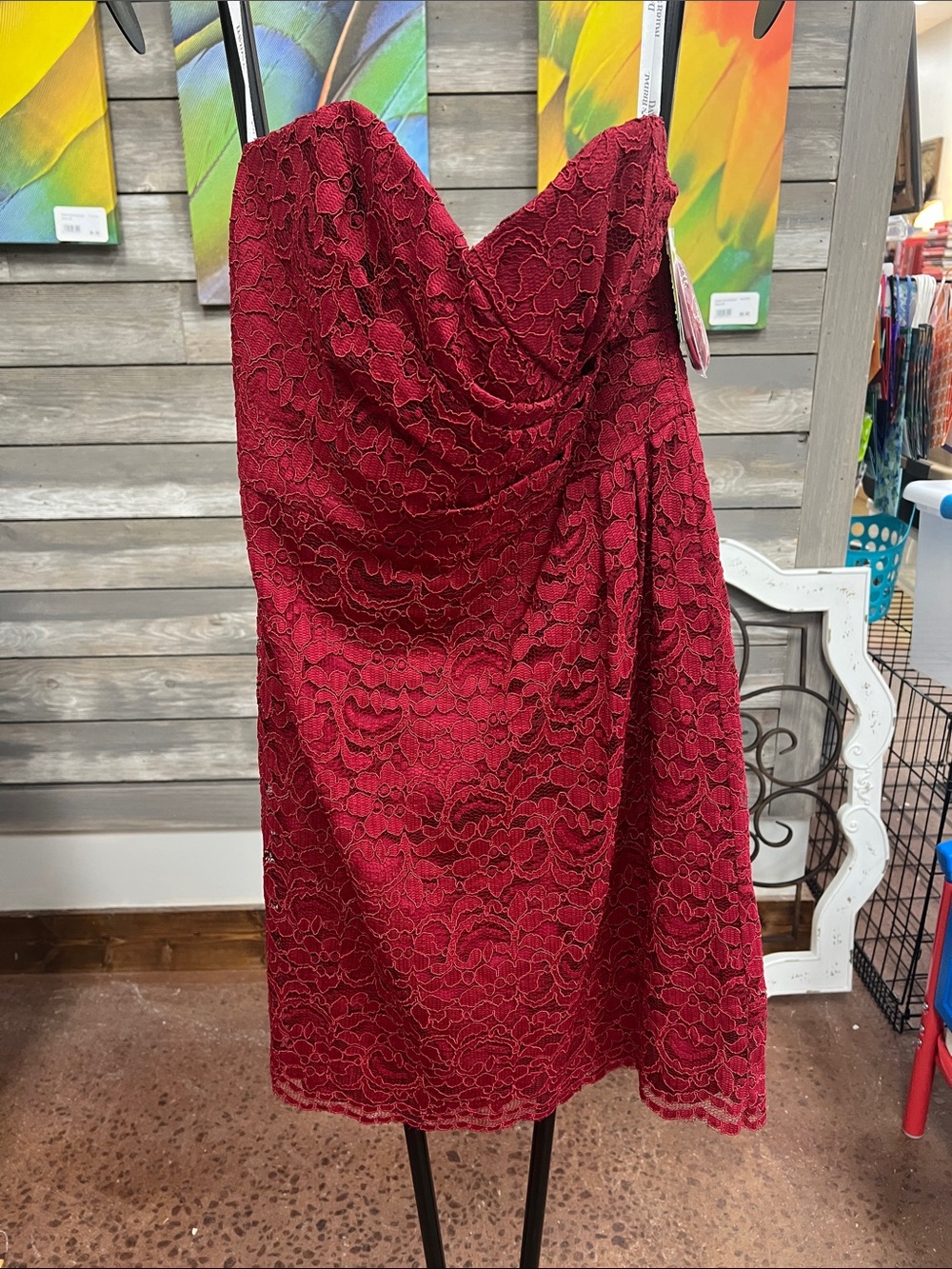 David's Bridal Burgundy Strapless Lace Cocktail Dress